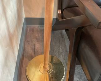 Pair Of 2 Blonde Wood Torchiere Lamps W/ Glass Shade & Brass Base