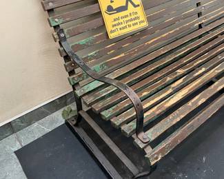ORIGINAL Antique Street Used Bus Stop Wooden Slotted Bench W/ Metal Arms, Metal Legs, & Sleeping Sign
