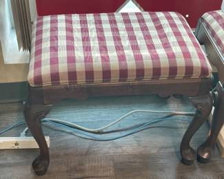 Red & Tan Plaid Upholstered Foot Stools W/ Carved Wooden Legs - 2 Available