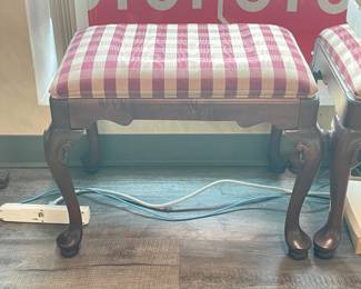 Red & Tan Plaid Upholstered Foot Stools W/ Carved Wooden Legs - 2 Available