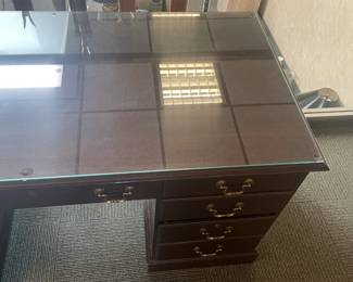 Executive Wooden Desk W/ Brass Hardware & Glass Top (Ethan Allen) - 2 Available