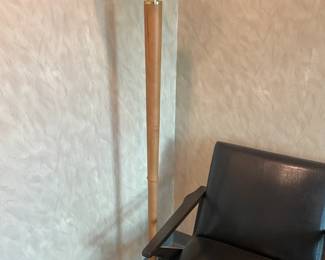 Pair Of 2 Blonde Wood Torchiere Lamps W/ Glass Shade & Brass Base