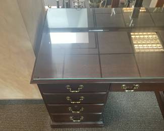 Executive Wooden Desk W/ Brass Hardware & Glass Top (Ethan Allen) - 2 Available