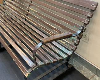 ORIGINAL Antique Street Used Bus Stop Wooden Slotted Bench W/ Metal Arms, Metal Legs, & Sleeping Sign