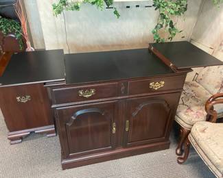 Wooden Sideboard Cabinet With Fold Out Sides, 2 Drawers, & 2 Doors (Ethan Allen) - 2 Available