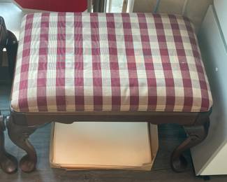 Red & Tan Plaid Upholstered Foot Stools W/ Carved Wooden Legs - 2 Available
