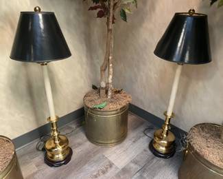 Pair Of Candlestick Lamps W/ Black Shades & Brass Base