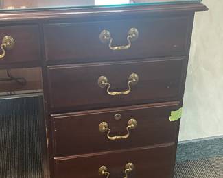 Executive Wooden Desk W/ Brass Hardware & Glass Top (Ethan Allen) - 2 Available
