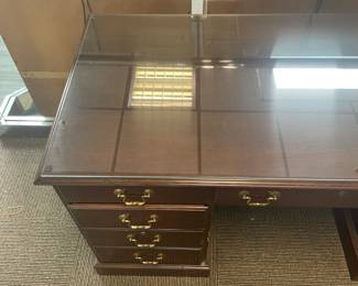 Executive Wooden Desk W/ Brass Hardware & Glass Top (Ethan Allen) - 2 Available
