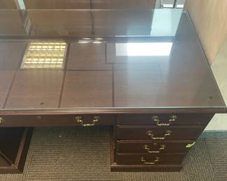 Executive Wooden Desk W/ Brass Hardware & Glass Top (Ethan Allen) - 2 Available