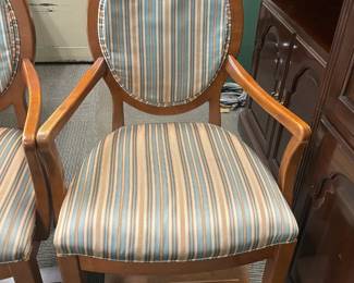 Wood Arm Chairs W/ Green & Gold Striped Upholstered Back & Seat Cushions