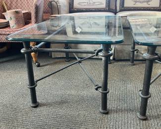 Green Cast Iron Ornate End Tables W/ Glass Top - 2 Available