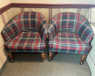 Red & Green Plaid Upholstered Rolling Club Chairs