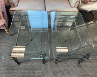 Green Cast Iron Ornate End Tables W/ Glass Top - 2 Available