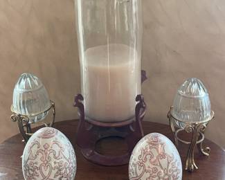 Decorative Crystal & Porcelain Eggs W/ Pillar Candle Holder
