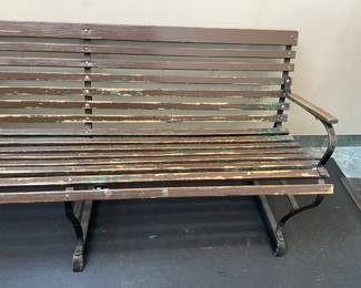 ORIGINAL Antique Street Used Bus Stop Wooden Slotted Bench W/ Metal Arms, Metal Legs, & Sleeping Sign