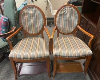 Wood Arm Chairs W/ Green & Gold Striped Upholstered Back & Seat Cushions