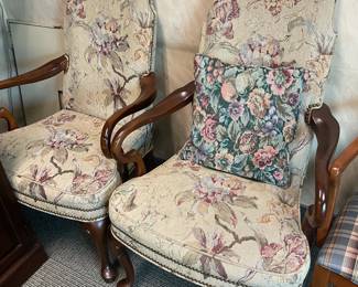 Wood Arm Chairs W/ Floral Needlepoint Upholstered Back & Seat Cushions
