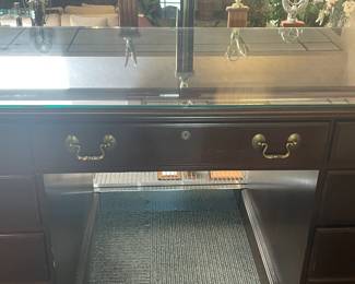 Executive Wooden Desk W/ Brass Hardware & Glass Top (Ethan Allen) - 2 Available