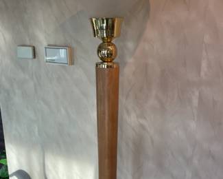 Pair Of 2 Blonde Wood Torchiere Lamps W/ Glass Shade & Brass Base