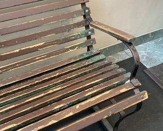ORIGINAL Antique Street Used Bus Stop Wooden Slotted Bench W/ Metal Arms, Metal Legs, & Sleeping Sign