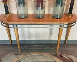 Half Moon Blonde Wood Console Table W/ Metal Accents