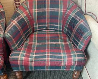 Red & Green Plaid Upholstered Rolling Club Chairs