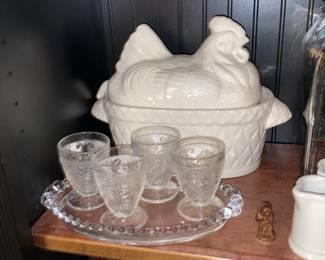Covered Rooster Server W/ Vintage Clear Glasses