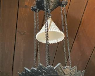 Massive Hanging Cast Iron Lamp W/ Glass Hurricane Insert & Milk Glass Shade