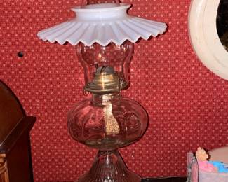 Antique Clear Hurricane Lamp W/ Milk Glass Shade