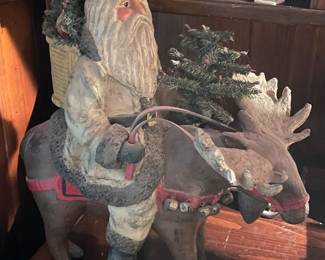 Large Santa Riding Moose Figurine Signed On The Bottom