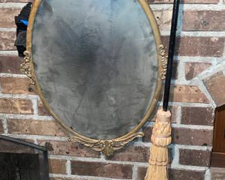 Antique Brass Framed Mirror W/ Hanging Broom
