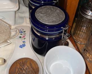 Blue Storage Jars W/ Metal Tops