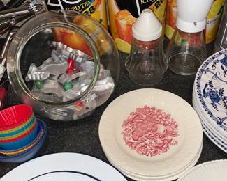 Large Glass Jar W/ Antique Green & Red Handled Cookie Cutters