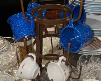 Mug Rack W/ Tin Enamel Camping Style Mugs