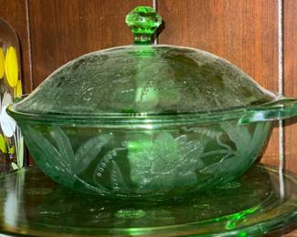 Green Depression Covered Bowl W/ Cake Stand