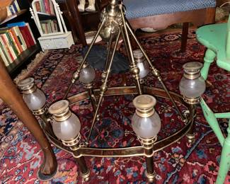 BEAUTIFUL Hanging Brass Chandelier W/ 6 Glass Globes