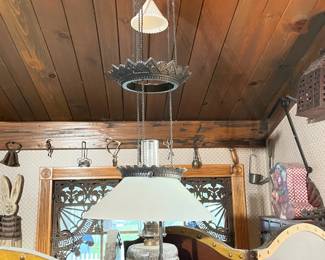 Massive Hanging Cast Iron Lamp W/ Glass Hurricane Insert & Milk Glass Shade