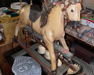 STUNNING Carved Rocking Horse Display Piece W/ Genuine Horse Hair Tail