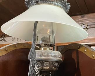 Massive Hanging Cast Iron Lamp W/ Glass Hurricane Insert & Milk Glass Shade