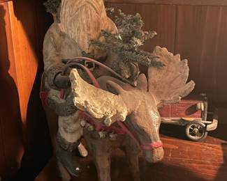 Large Santa Riding Moose Figurine Signed On The Bottom