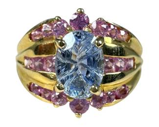 10kt Yellow Gold Cornflower Blue Sapphire and Pink Topaz Ring