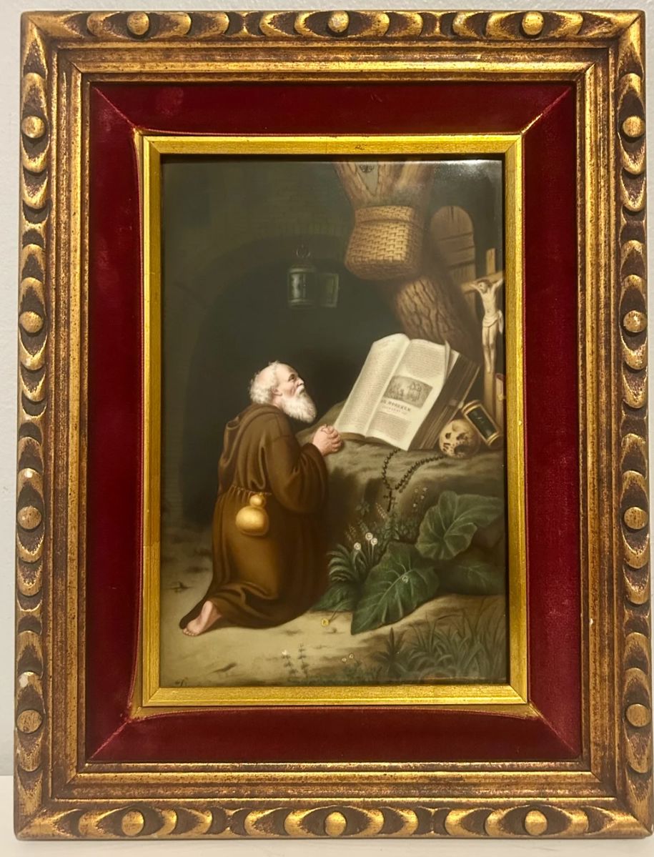 Signed porcelain plaque "The Hermit" after Gerrit Dou/Dow