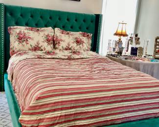 Queen bed and mattresses - Green Tufted and studded headboard
