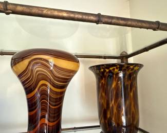 Opaline Art Glass Swirled Striped Brown Glass Vases