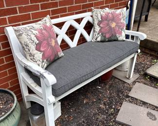 Outdoor White Wood Bench with cushions