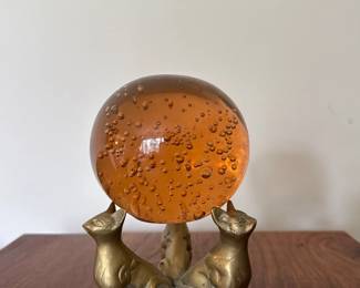 1960s Brass Cats Murano Glass Amber Orb