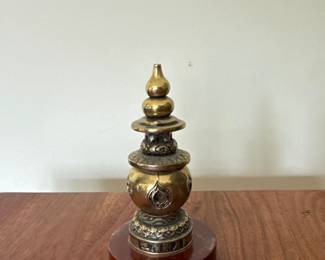 Tibetan Buddhist Temple Pure Copper Gilt Inlay Gem Sakyamuni Buddha Tower Stupa