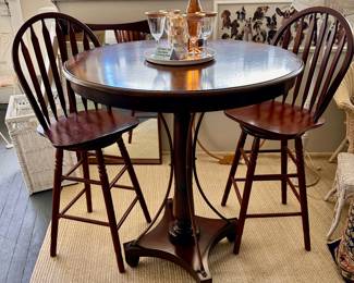 High end Artisan Pub Table with Burled Wood Top and Cherry Swivel Stools
