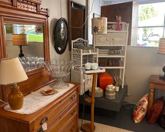 Eastlake Dresser with Mirror, Wicker Pieces